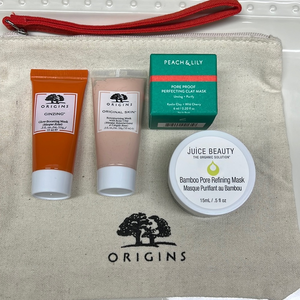 Origins cosmetics bag with 4 new masks :Origins, Juice Beauty and Peach & Lily